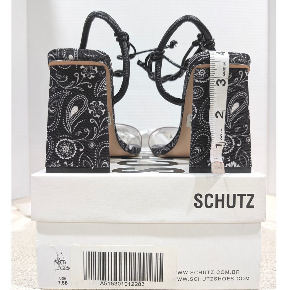 Schutz Black White Paisley Fabric Clear Strap Ankle Tie Block Heel Sandals 7.5B - Picture 10 of 11